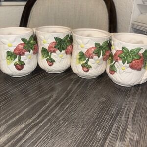 WCL Japan Ceramic 3D Strawberry White Mug With White Flowers Set Of 4